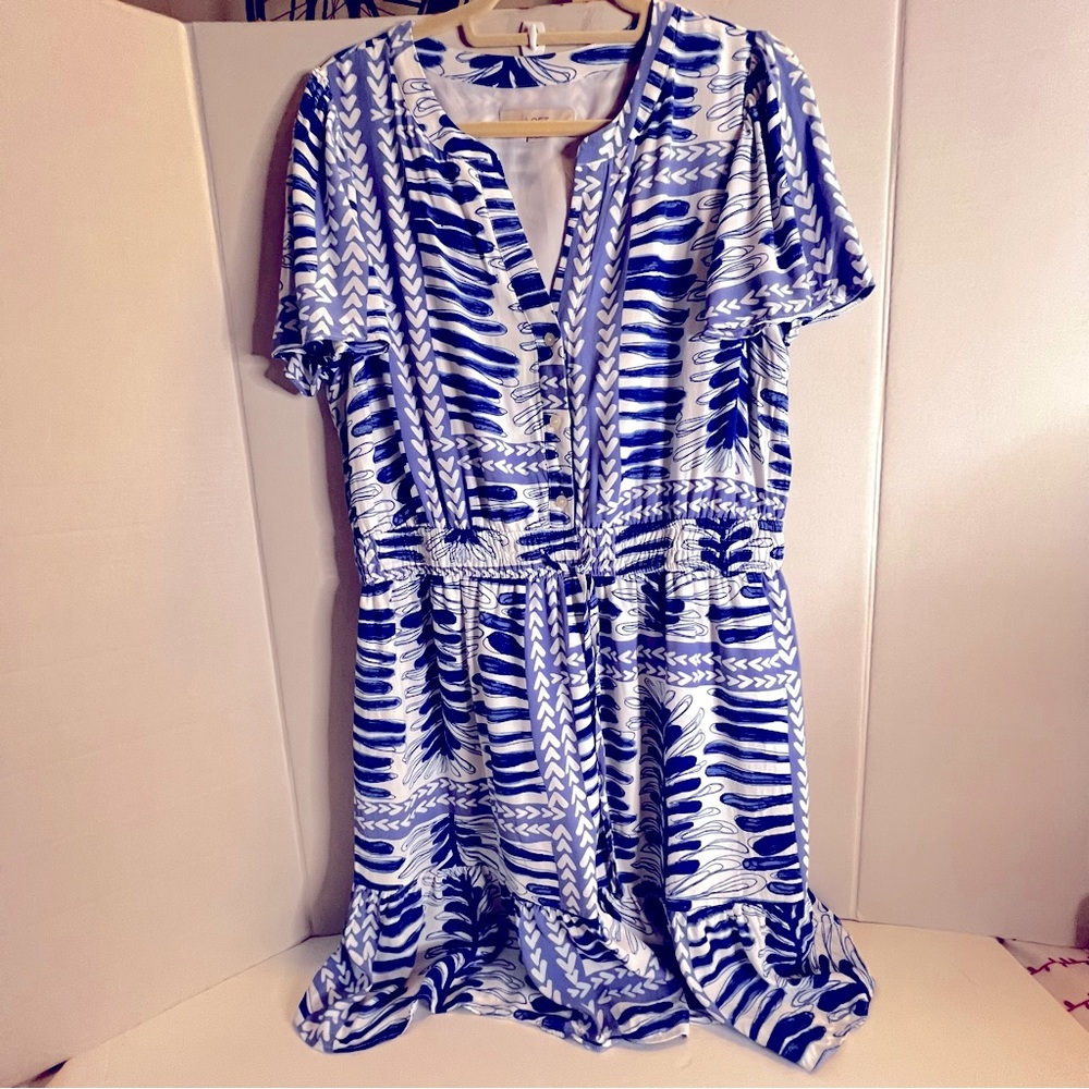 LOFT | Petite Fern Smocked Tie Waist Dress, Blue & White, Size XLP.
